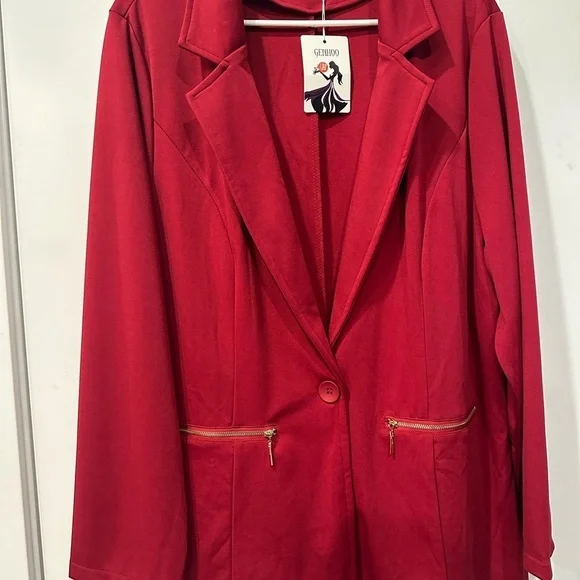 Genhoo Women's Red Long Sleeve Blazer Open Front Cardigan Jacket Work - Picture 2 of 10